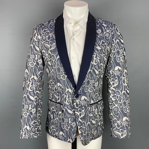 SEÑOR. TURK Gregory Talla 38 Abrigo deportivo de noche con mezcla de acetato de jacquard floral abstracto azul marino y gris plateado