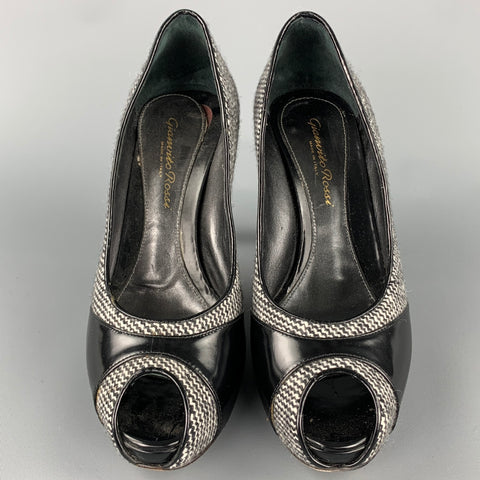GIANVITO ROSSI Size 7 Grey Tweed Patent Leather Tweed Open Toe Pumps