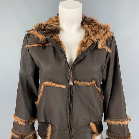 HENRY BEGUELIN Talla 4 Chaqueta con capucha y cremallera de cuero de gamuza marrón y tostado