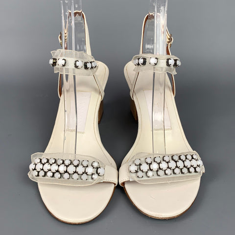 LANVIN Size 9 White Natural Rhinestone Leather Strappy Sandals