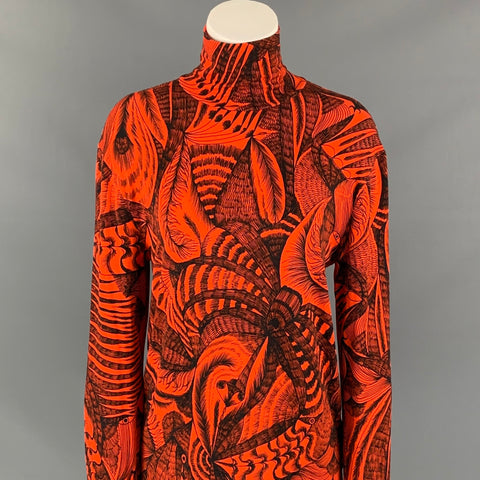 DRIES VAN NOTEN FW 18 Size L Orange / Black Print Viscose Turtleneck Pullover