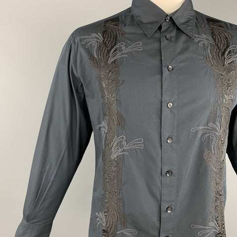 ROBERTO CAVALLI Size L Black Embroidery Cotton Button Up Long Sleeve Shirt