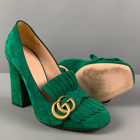 GUCCI GG Marmont 2.0 Size 7.5 Green Suede Fringe Chunky Heel Pumps