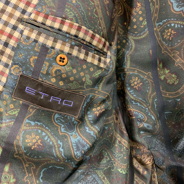 ETRO Size 48 Khaki & Brown Checkered Plaid Lana Wool Notch Lapel Suit