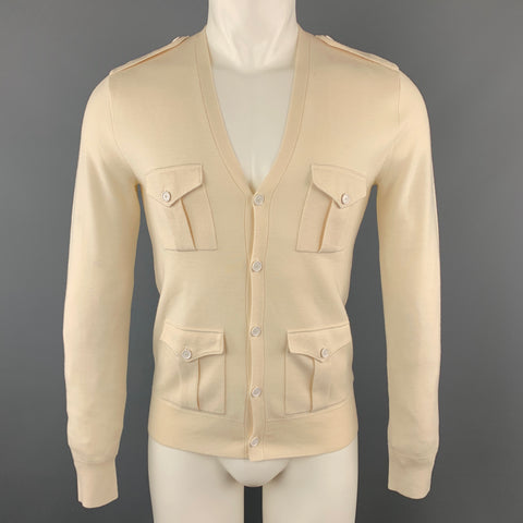 RALPH LAUREN Size S Beige Solid Merino Wool Patch Pockets Cardigan Sweater