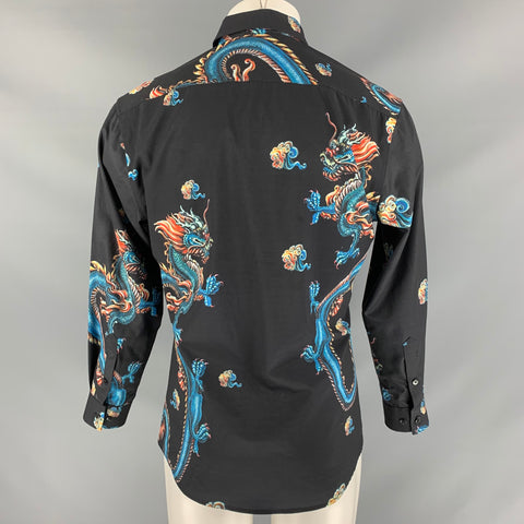 VALESIDEN Size 42 Black Multicolour Dragon Print Button Down Long Sleeve Shirt