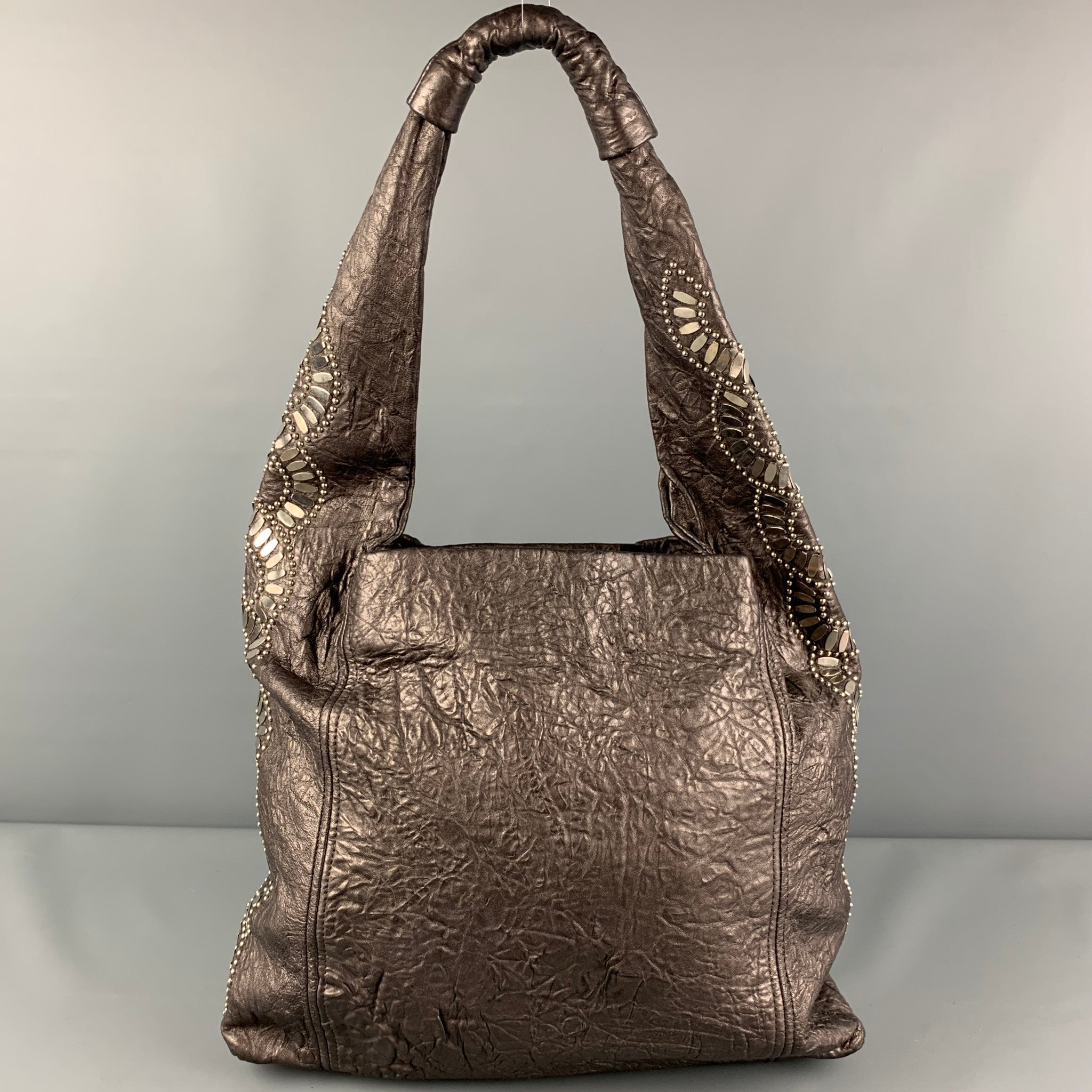 CALLEEN CORDERO Silver Grey Studded Leather Hobo Handbag Sui