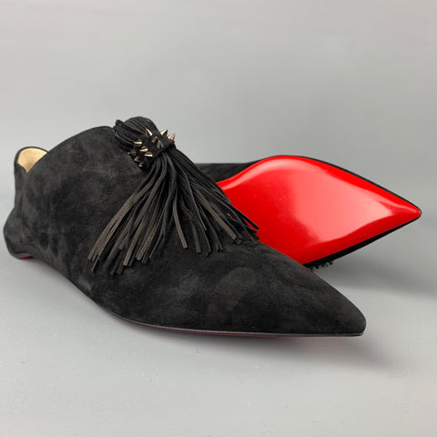 CHRISTIAN LOUBOUTIN Medinana Pliable Taille 8 Chaussures plates à pompons en daim noir