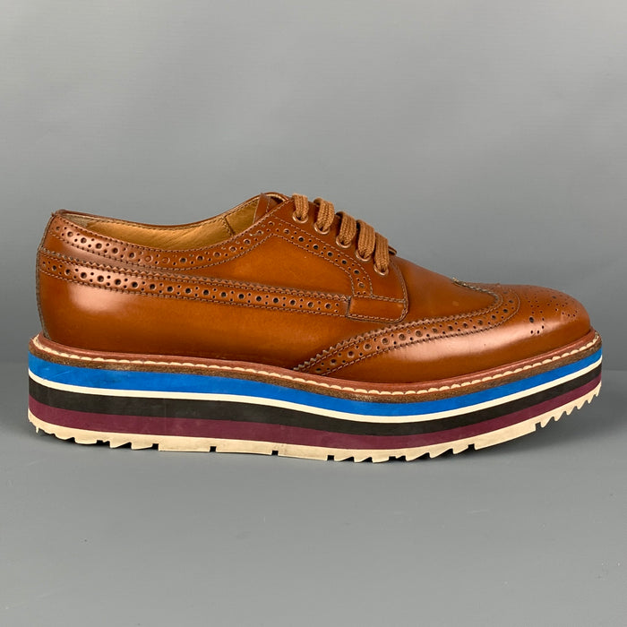 PRADA Size 6.5 Tan Leather Perforated Wingtip Shoes