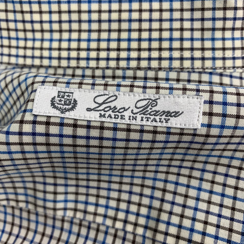LORO PIANA Size M White & Blue Checkered Cotton Long Sleeve Shirt
