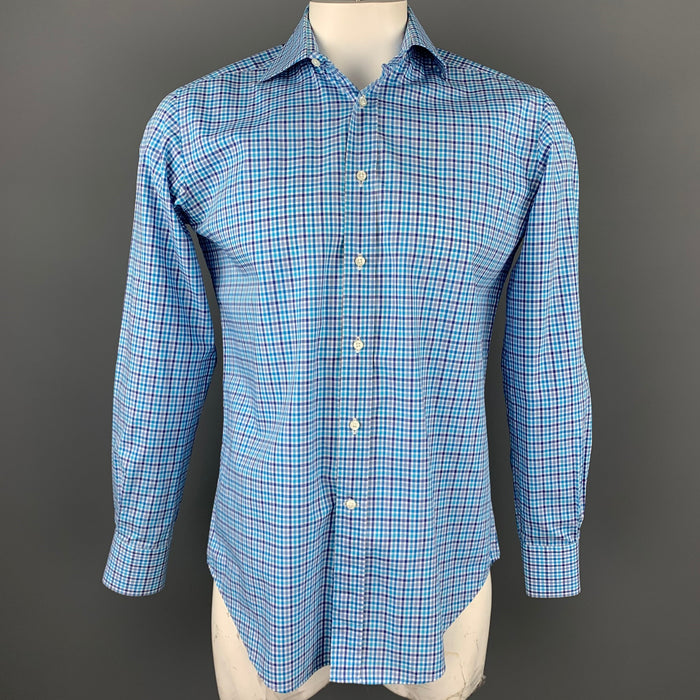 ETRO Size M Blue & White Plaid Cotton Button Up Long Sleeve Shirt