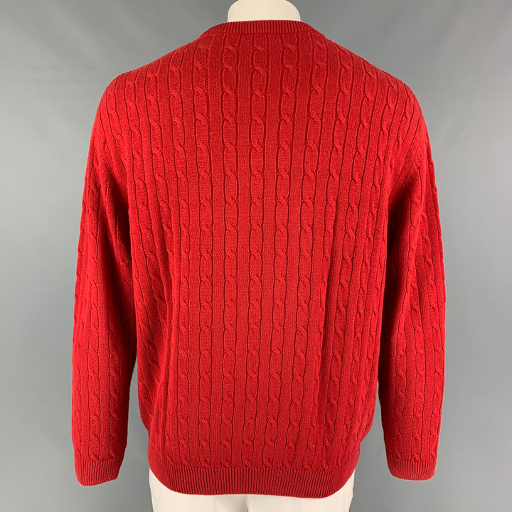LACOSTE Size XL Red Cable Knit Cotton Wool Crew-Neck Sweater