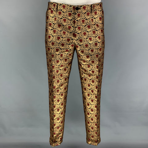 DOLCE & GABBANA Size 42 Gold Black Burgundy Jacquard Polyester / Cotton Notch Lapel Suit