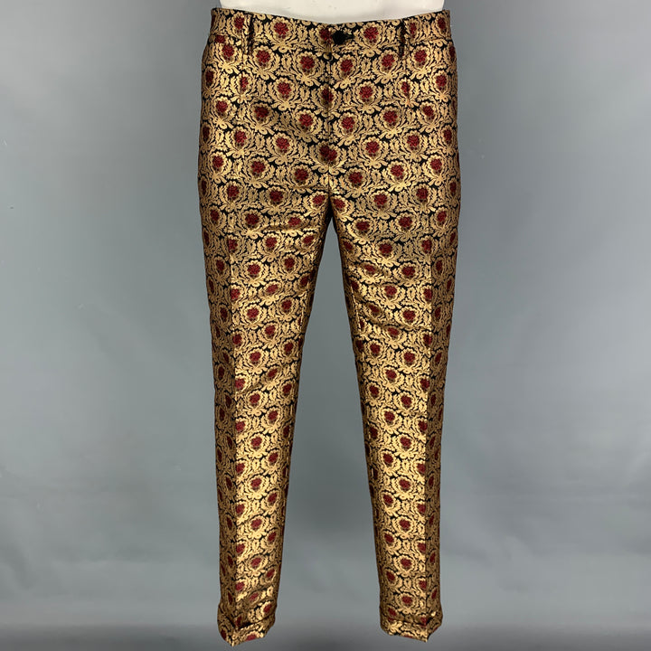 DOLCE & GABBANA Size 42 Gold Black Burgundy Jacquard Polyester / Cotton Notch Lapel Suit
