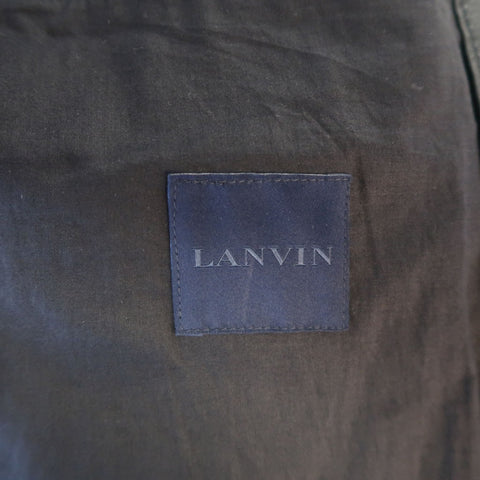LANVIN US 42 / IT 52 Black Leather Fringe Trim Green Collar Bomber Jacket