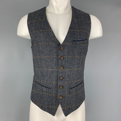 TED BAKER Size L Grey Brown Window Pane Wool Vest (Indoor)