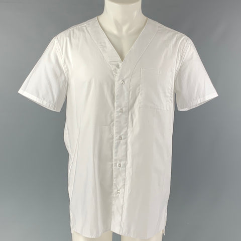 CHRISTIAN PELLIZZARI Size M White Solid Cotton Collarless Short Sleeve Shirt