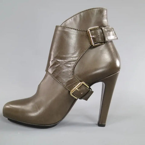 ETRO Size 9 Olive Taupe Green Leather Harness Platform Booties ETRO