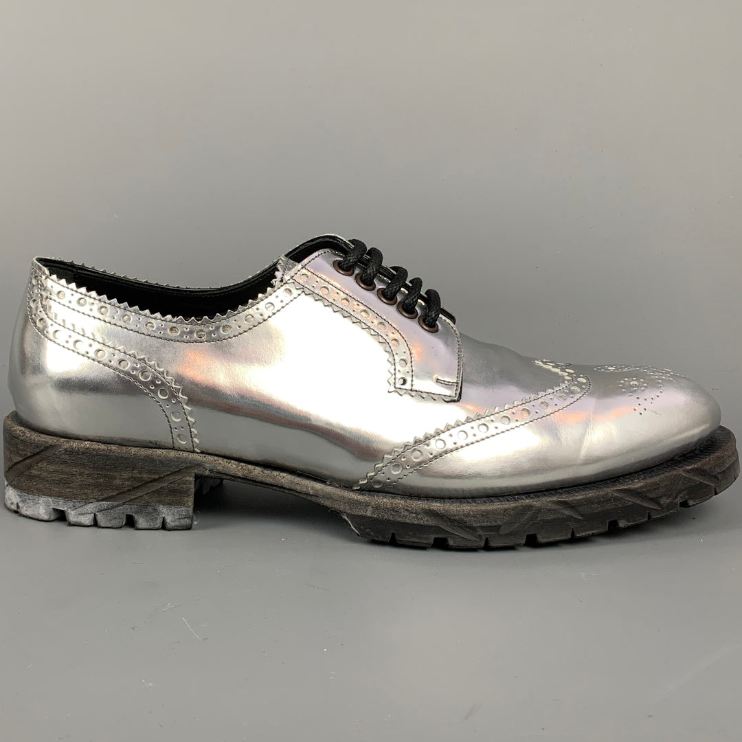 DOLCE & GABBANA Size 11 Silver Metallic Leather Wingtip Lace Up Shoes