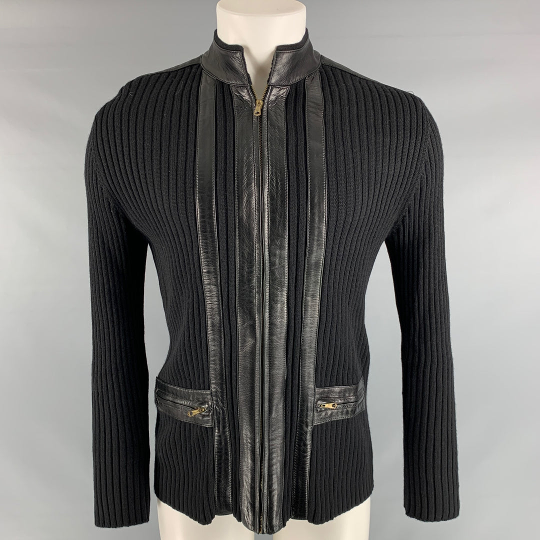 LANVIN Size 40 Black Ribbed Knit Wool Blend Zip Up Jacket