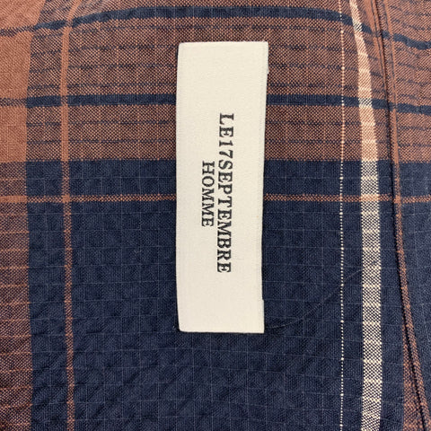 LE17SEPTEMBRE Size L Navy Brown Plaid Cotton Camp Short Sleeve Shirt