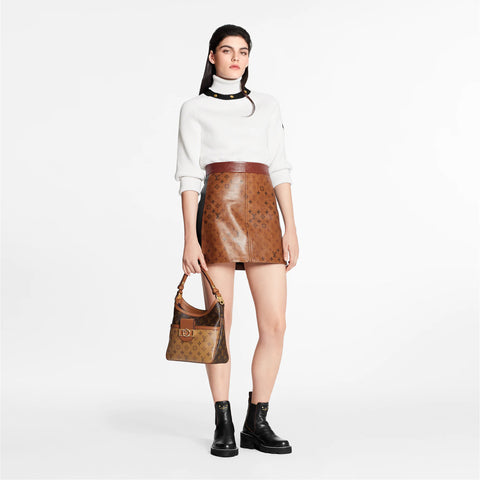 LOUIS VUITTON SS 2021 Taille 4 Mini-jupe trapèze en cuir marron Tattoo Monogram