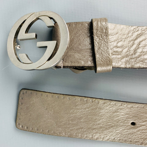 GUCCI Size 38 Grey Silver Monogram Leather Belt