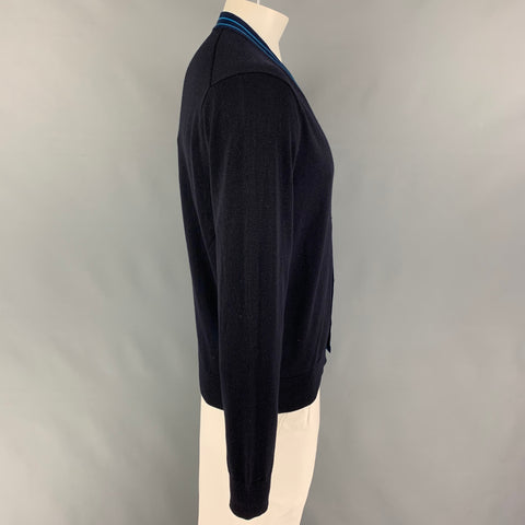 SANDRO Size L Navy Black Striped Trim Lana Wool Buttoned Cardigan