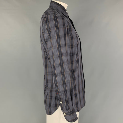 ISAIA Size L Grey &  Black Plaid Cotton Button Up  Long Sleeve Shirt
