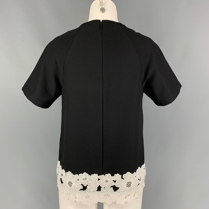 KATE SPADE Talla 4 Top de vestido de manga corta con apliques de flores de poliéster blanco y negro