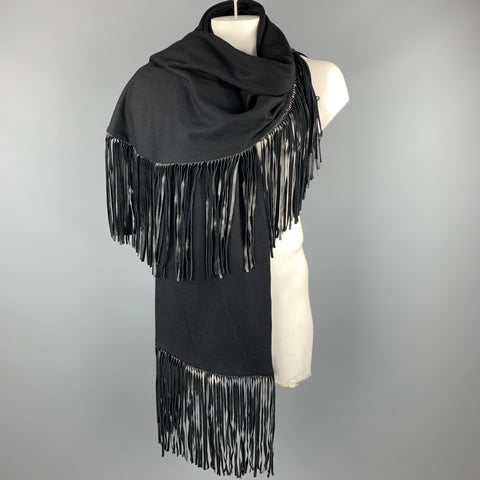 ADRIENNE LANDAU Solid Black Wool Leather Trim Shawl