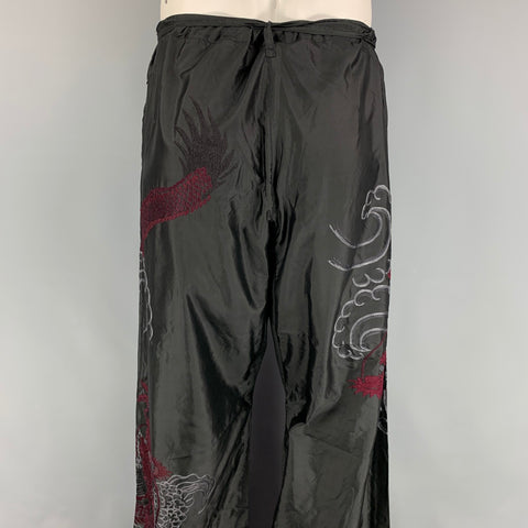 GUCCI by TOM FORD 2001 XL Black Dragon Embroidered Silk Wide Leg Karate Pants