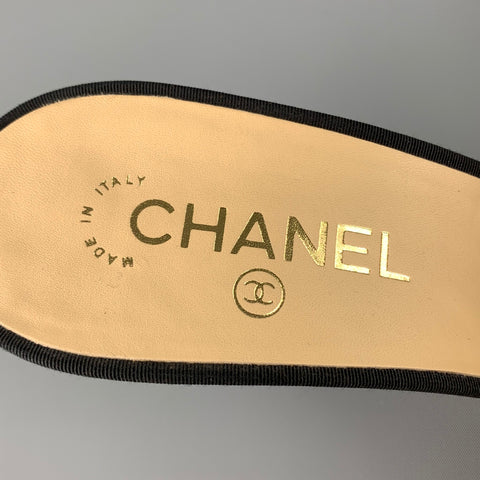 CHANEL Size 11 Beige & Black Two Toned Grosgrain Leather Pearl CC Heel Pumps