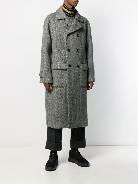 DOLCE & GABBANA Oversized Size 38 Black & White Herringbone Wool Double Breasted Coat