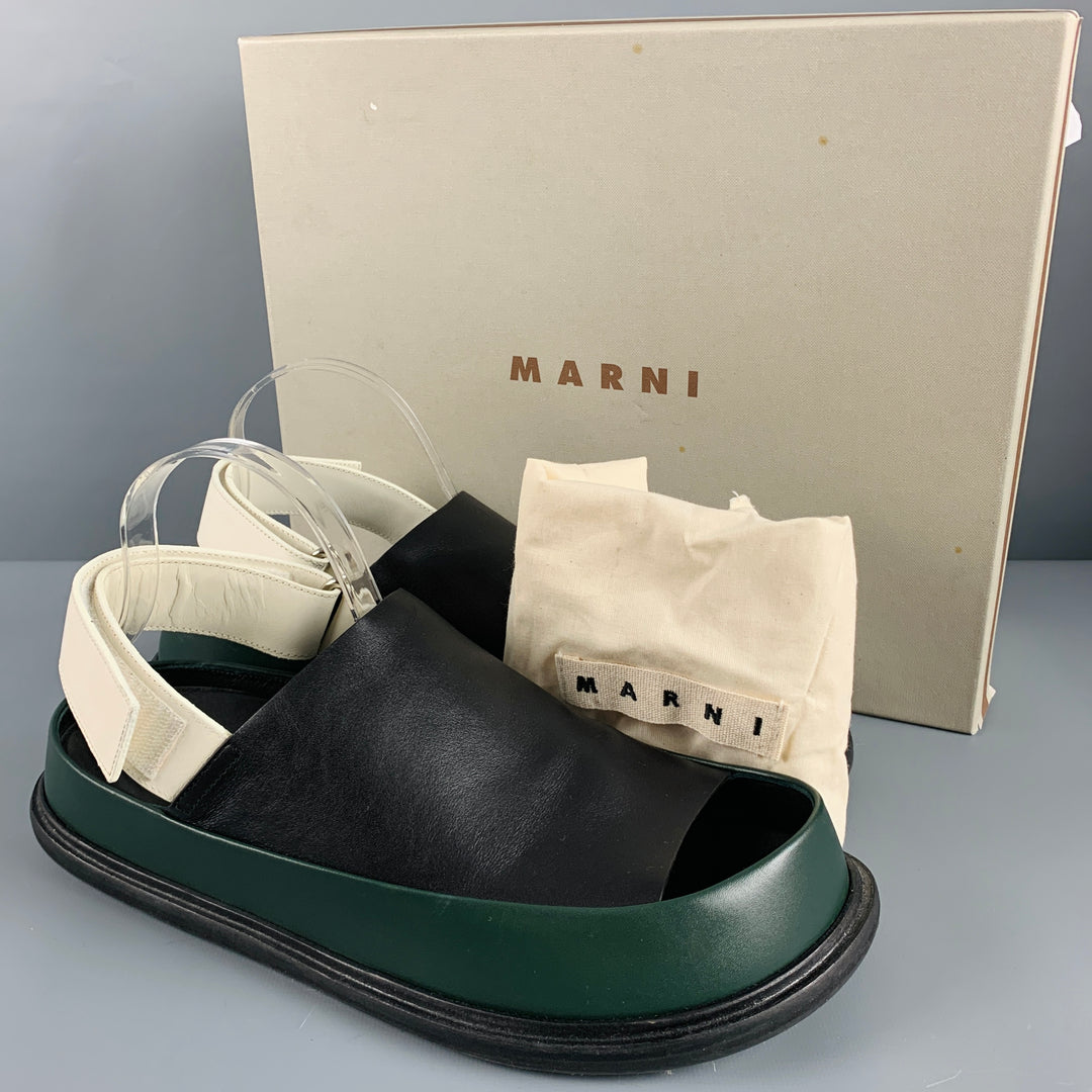 MARNI Size 9 Black White Green Color Block Leather Strap Sandals