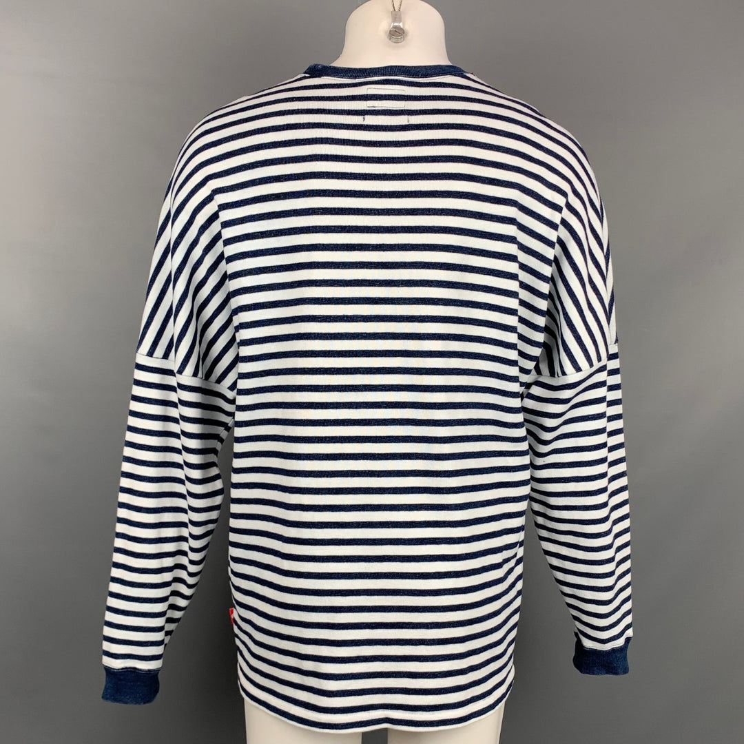 BEAMS Size M Navy & White Stripe Cotton Crew-Neck Pullover