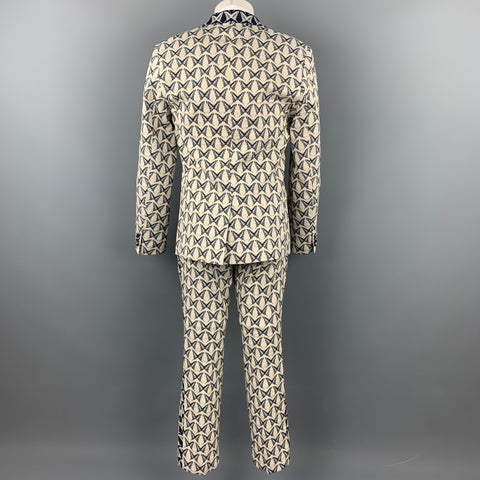 MR TURK Size 40 Beige & Navy Butterfly Print Cotton Blend Notch Lapel Suit