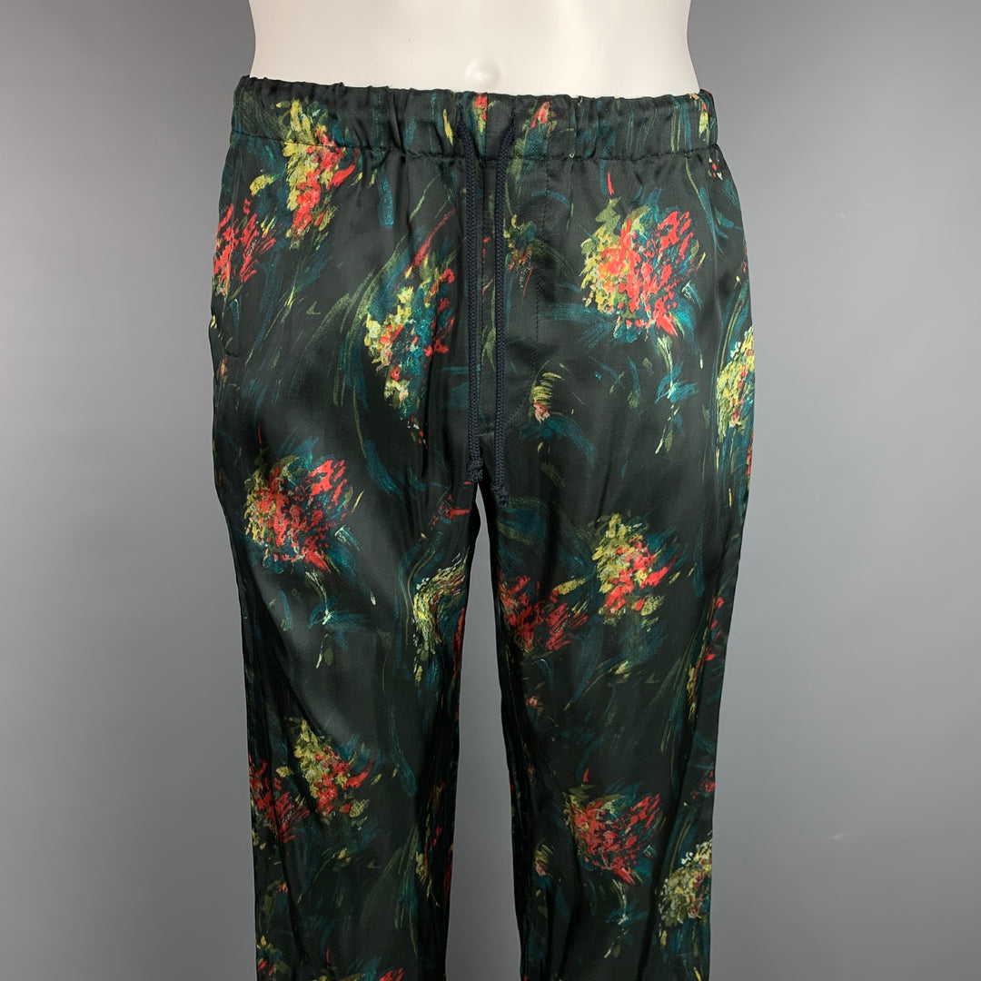 DRIES VAN NOTEN Size 30 Black & Green Abstract Floral Viscose Casual Pants
