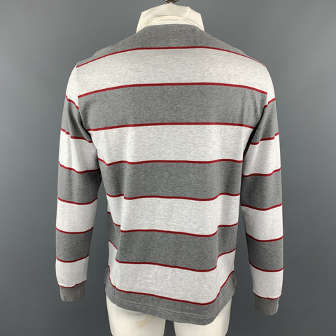 LORO PIANA Size XL Grey Stripe Cotton Half Buttoned Long Sleeve POLO