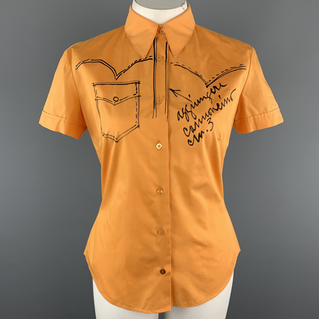 MOSCHINO JEANS Talla 12 Blusa de manga corta con estampado de bocetos occidentales de algodón naranja