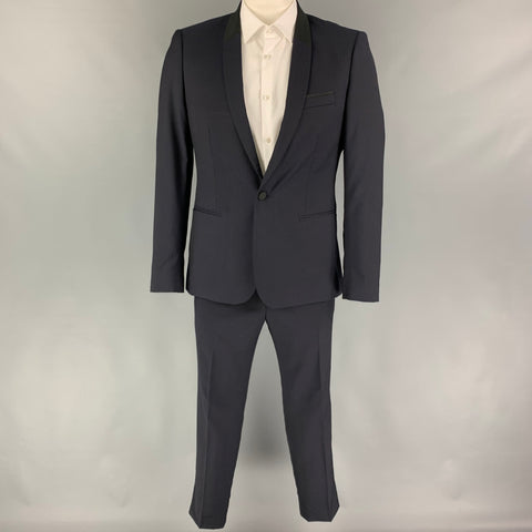 THE KOOPLES Size 40 Navy Black Herringbone Wool Mohair Tuxedo Suit