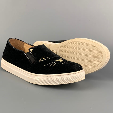 CHARLOTTE OLYMPIA Size 7 Black Velvet Leather Trim Slip On Sneakers