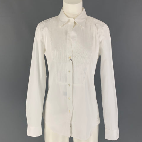 FACONNABLE Size 6 White Poplin Cotton Pleated Tuxedo Blouse
