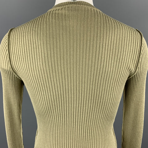 JOHN RICHMOND Taille S Olive Ribbed Knit Gold Graphic Wool Blend Crew-neck Pull Pull