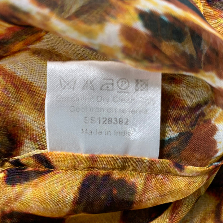 MATTHEW WILLIAMSON Size 6 Brown Yellow Silk Butterflies Belted Casual Top