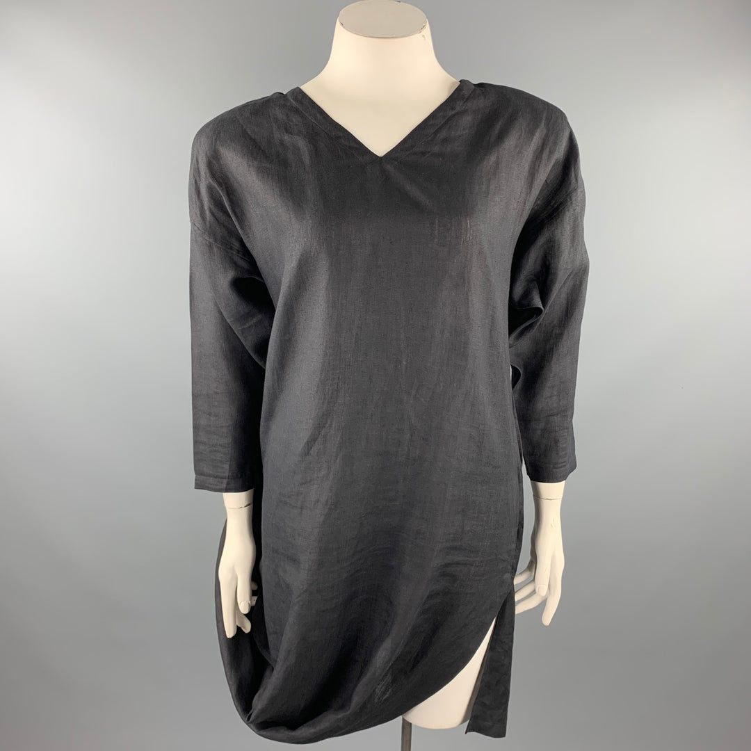 SHAMASK Size L Black Linen Long Panel V-Neck Dress
