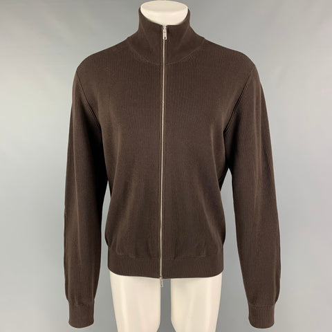 MAISON MARGIELA Size L Brown Ribbed Cotton Zip Up Cardigan