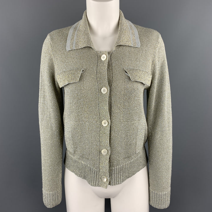DRIES VAN NOTEN Size M Silver & Gold Sparkle Knit Collared Cardigan