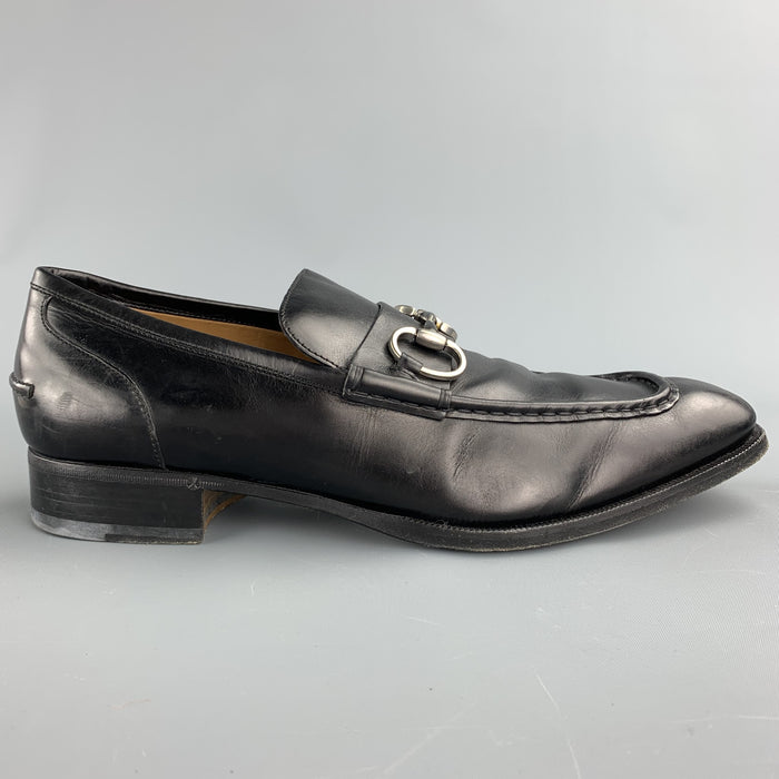 GUCCI Size 10.5 Black Leather Horsebit Loafers