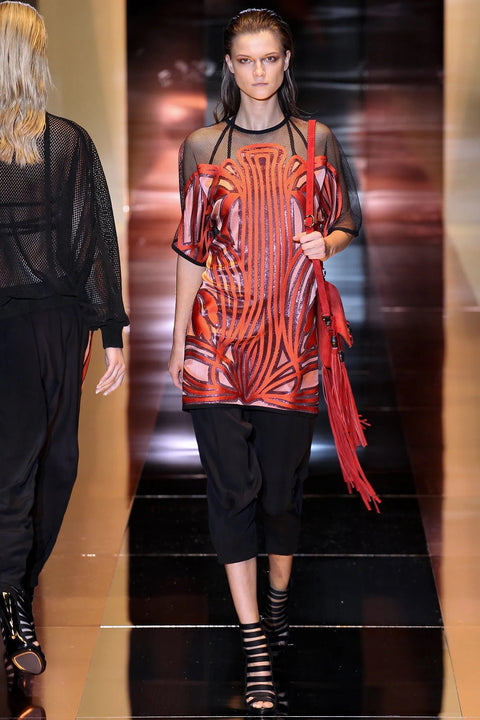 GUCCI 2014 Talla 4 Vestido de manga corta con apliques de mezcla de seda naranja y negro
